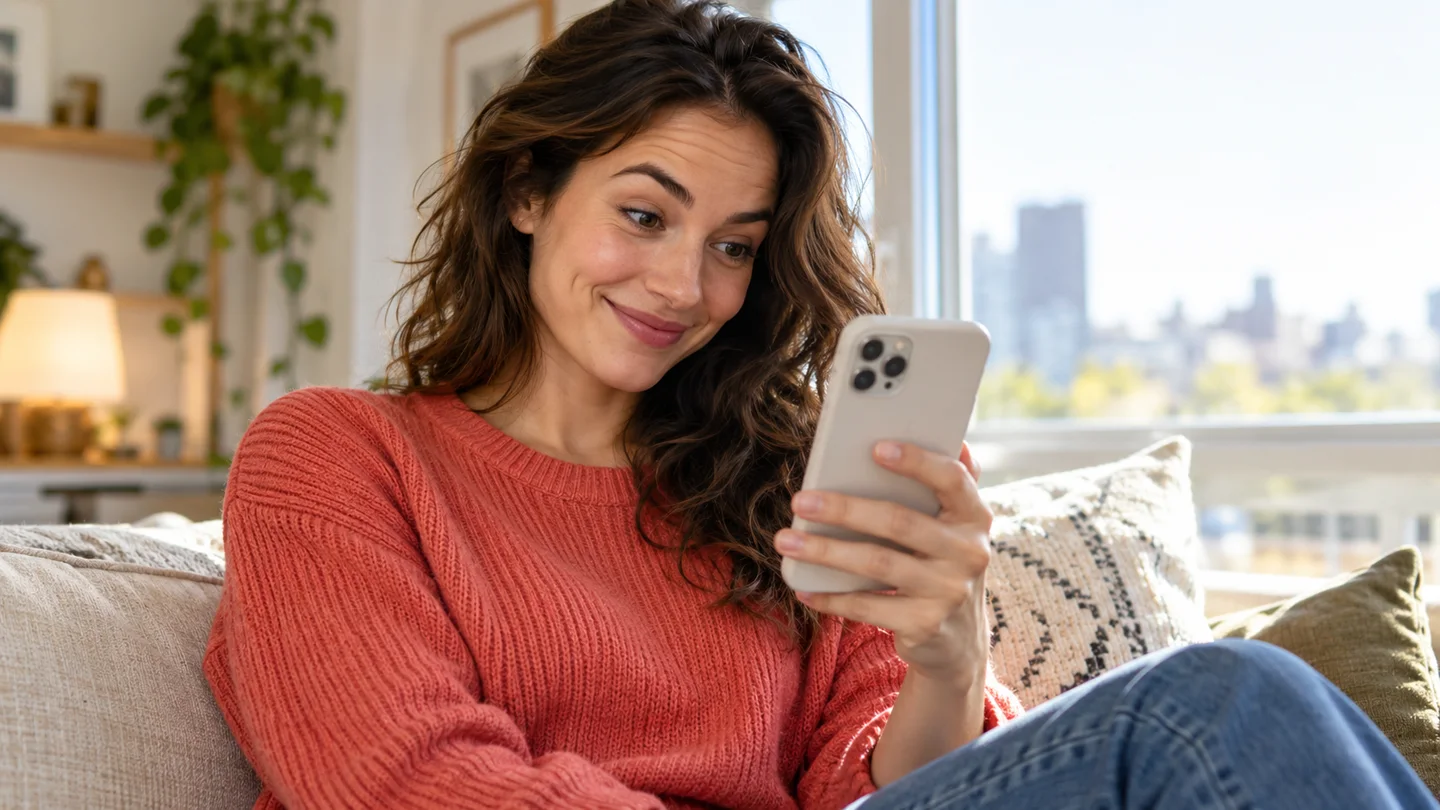 Eine Frau reagiert am Telefon auf eine Nachricht