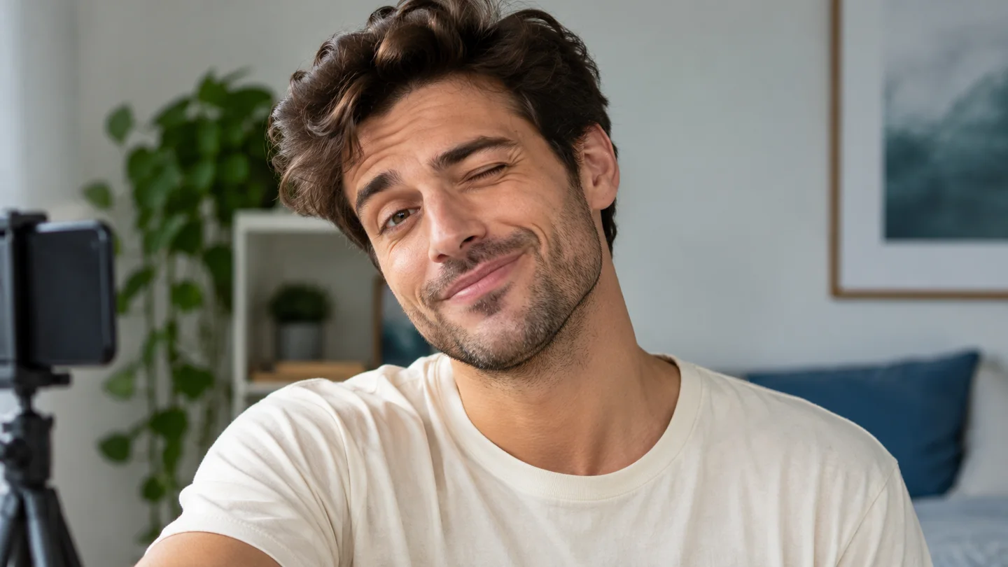 Ein Creator macht neben einem Smartphone-Stativ einen verspielten Gesichtsausdruck