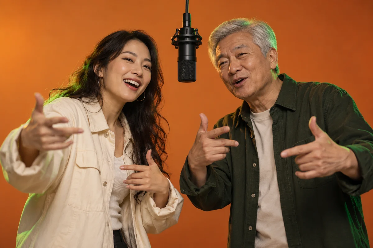 Eine jüngere erwachsene Frau und ein älterer Mann im orangefarbenen Studio als Geburtstagsidee für AI Rap Duo