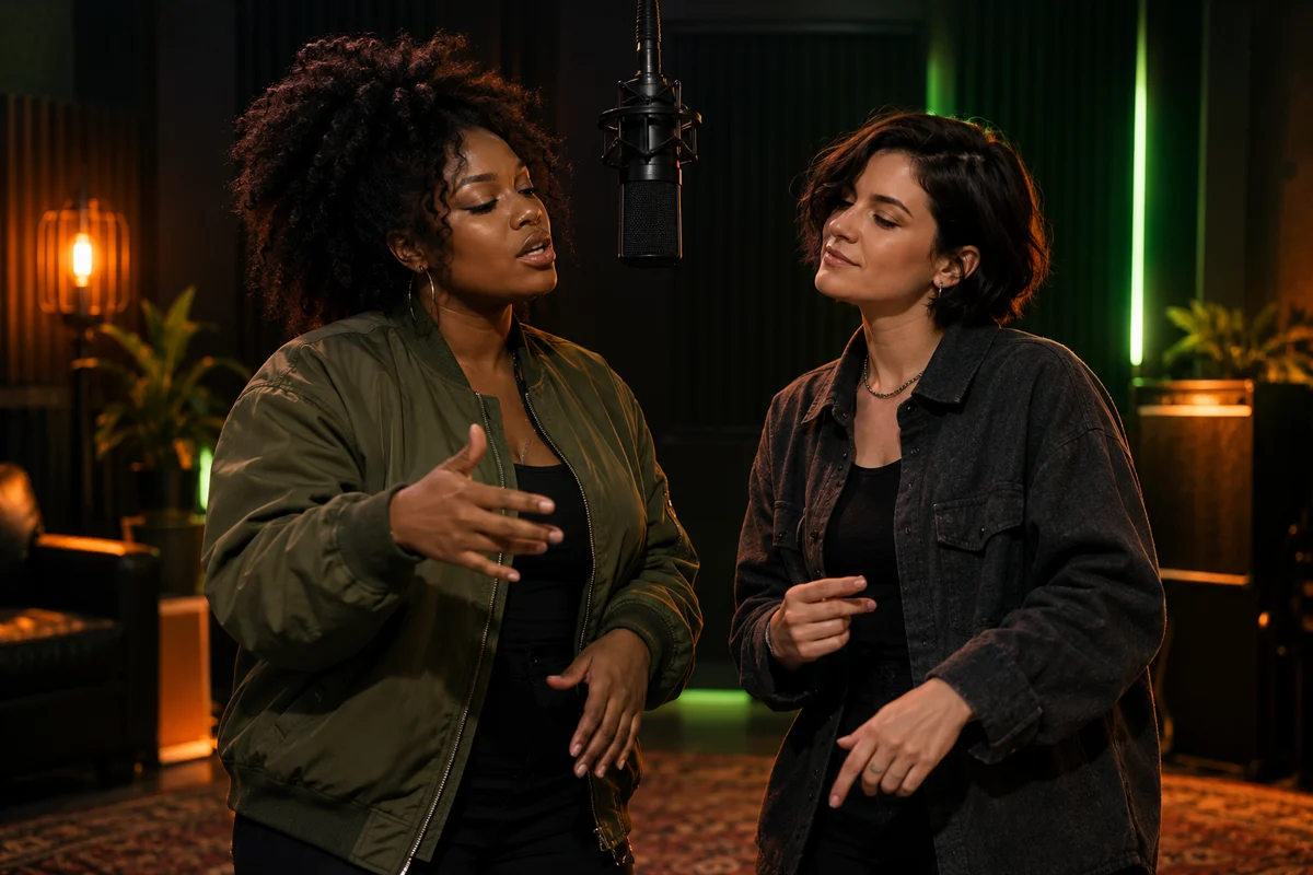 Zwei erwachsene Frauen an einem Mikrofon in einer grün beleuchteten Kabine als kreative Szene für AI Rap Duo