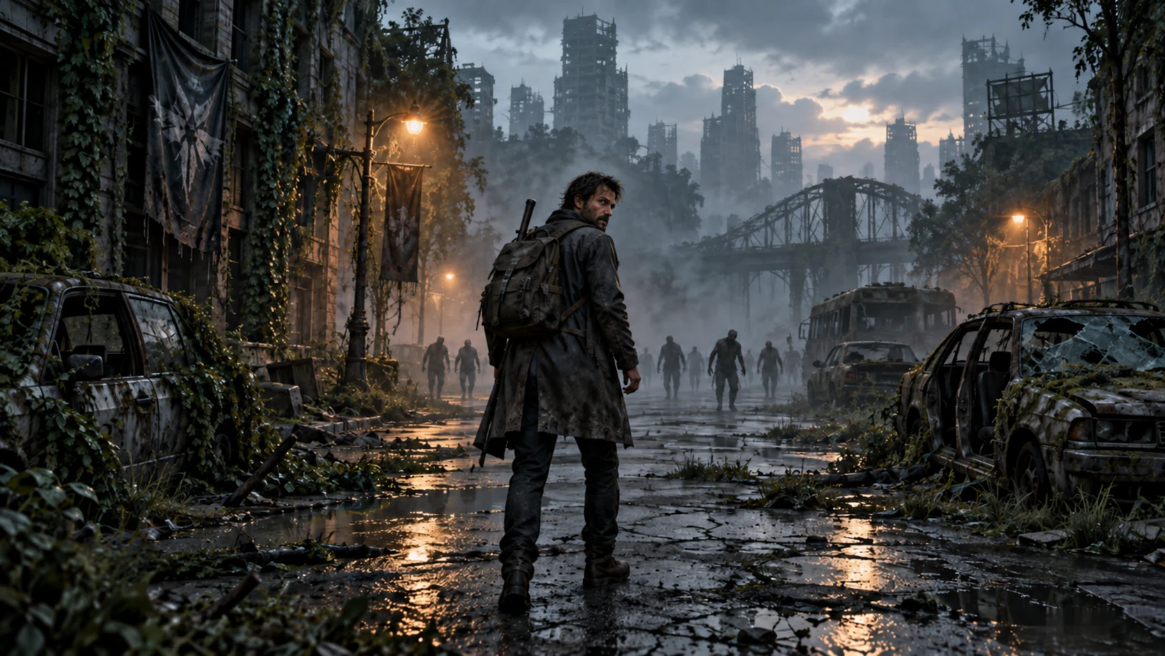 Landscape concept scene of a survivor on a foggy street with distant zombies