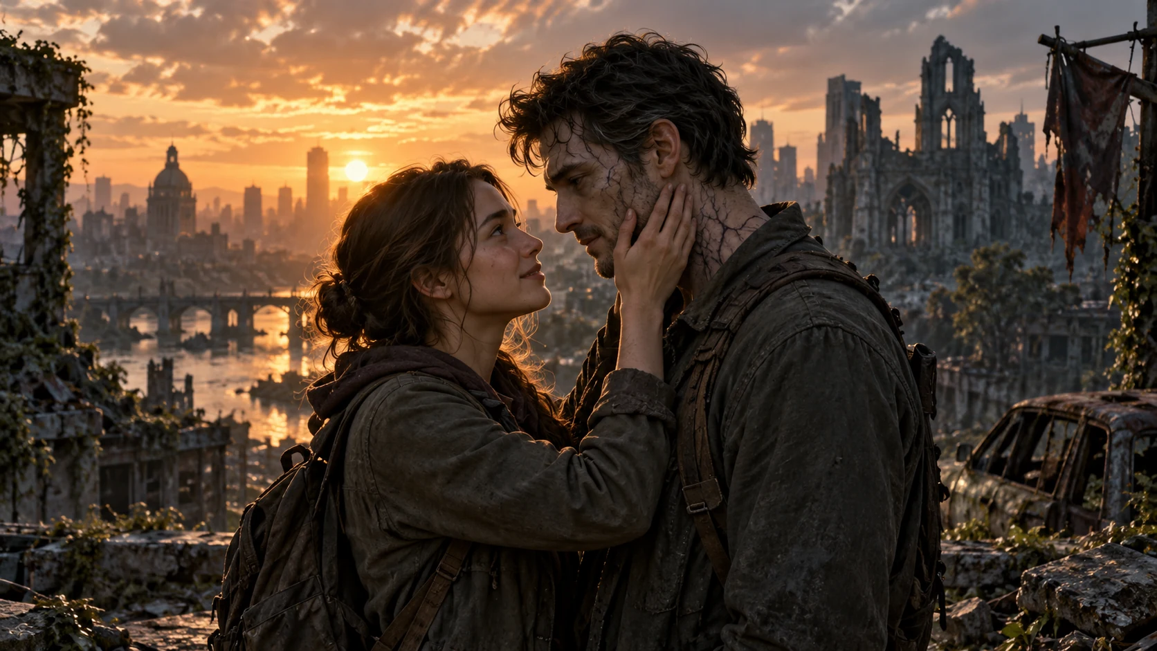 Two characters in a cinematic zombie love story illustrating the two-photo workflow
