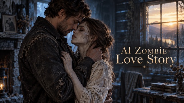 Concept art of a human survivor embracing an infected partner in a ruined room at sunset, from an AI Zombie Love Story