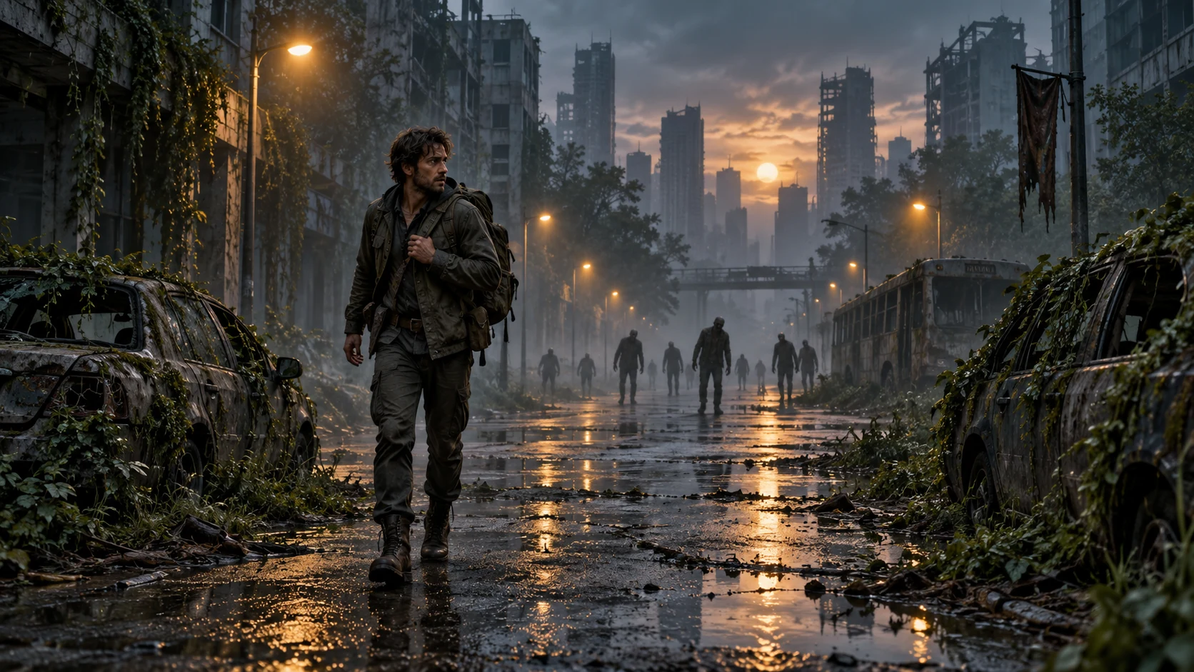 Foggy city street and lone survivor for an AI zombie apocalypse short-film concept