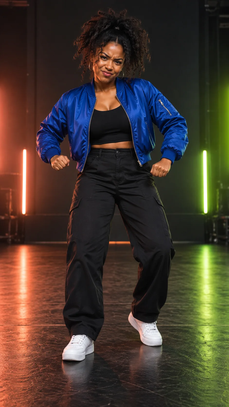 Retrato de cuerpo completo de una mujer adulta con chaqueta azul, lista para subir una foto para Angry Dance filter