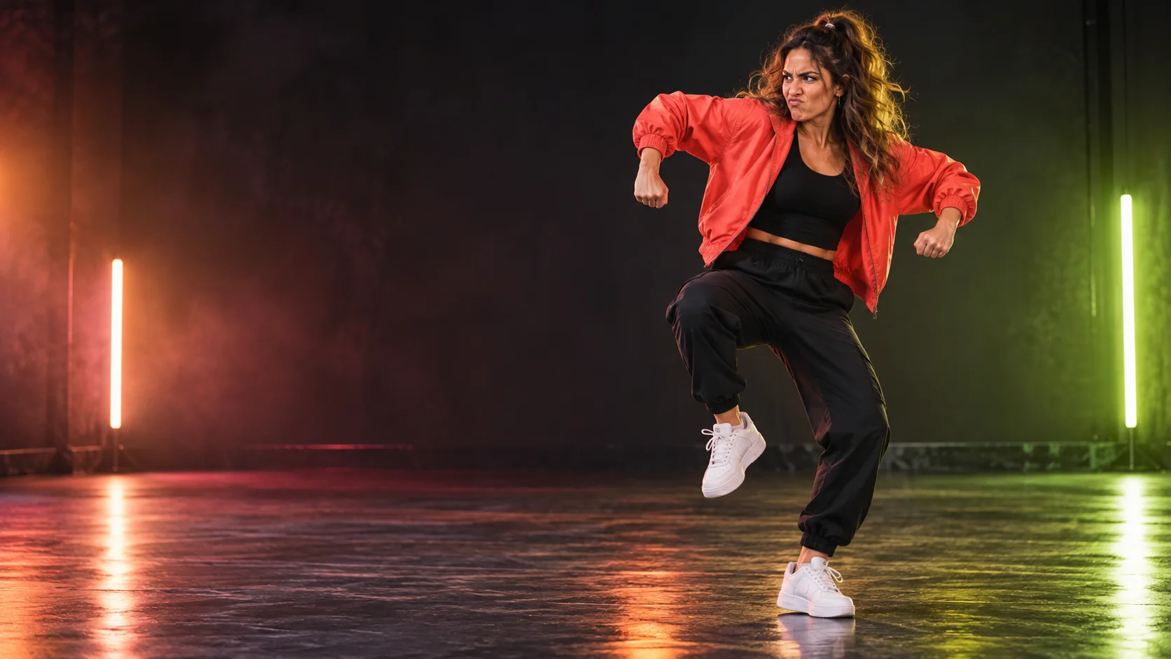 Muestra de Angry Dance filter: mujer adulta con chaqueta coral dando un pisotón juguetón de enojo fingido en un estudio oscuro