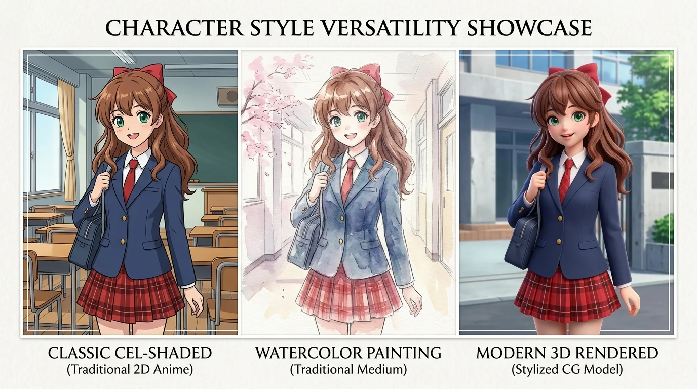 Anime girl character shown in three different art styles demonstrating style versatility in anime image generator