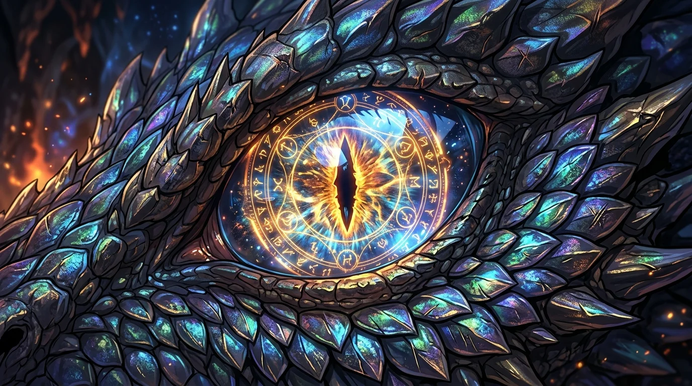 Anime-style dragon eye close-up with glowing magical runes showing ultra-detailed anime image generator quality
