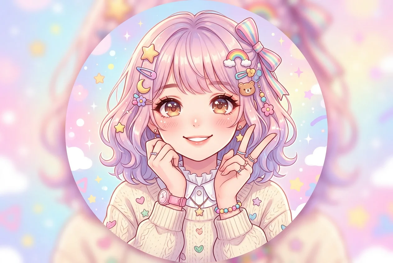Cute anime girl avatar with colorful hair accessories for social media, anime image generator