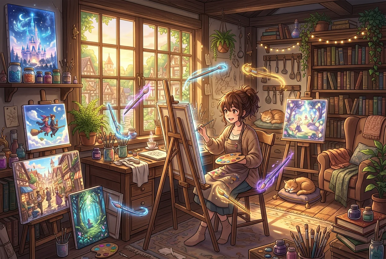 Anime magical artist studio with floating paintbrushes and enchanted canvases, anime image generator