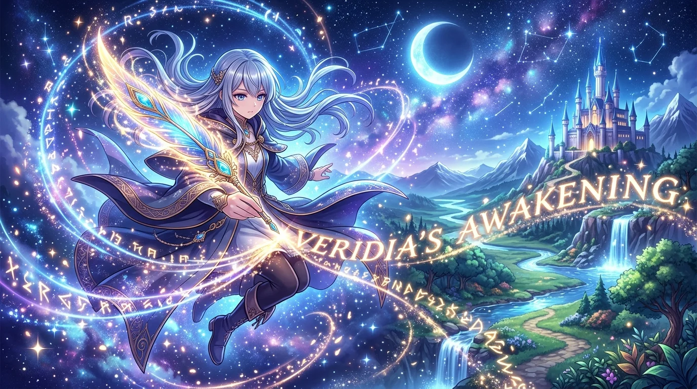 Anime magical quill pen creating sparkling anime landscape from text prompt in anime image generator