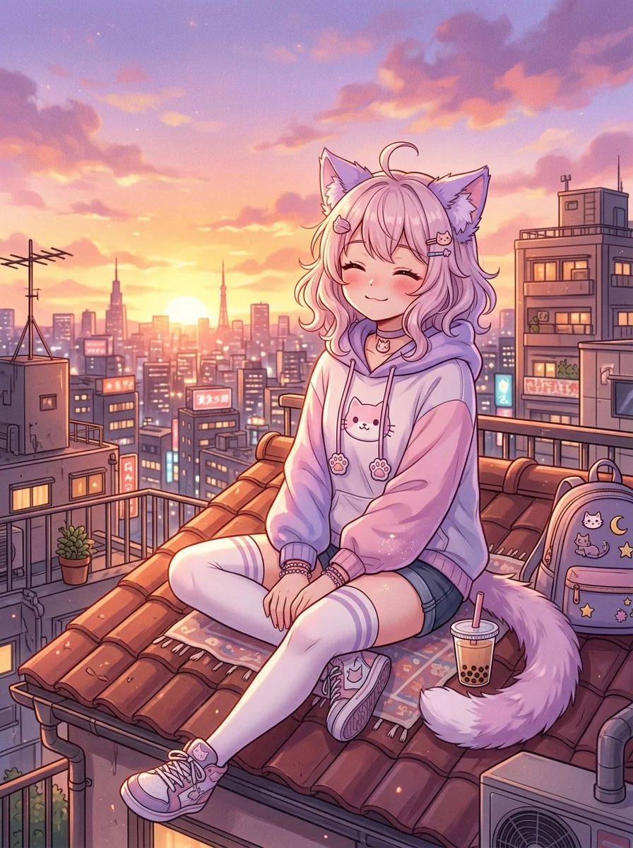 Cute Cat Girl on Rooftop