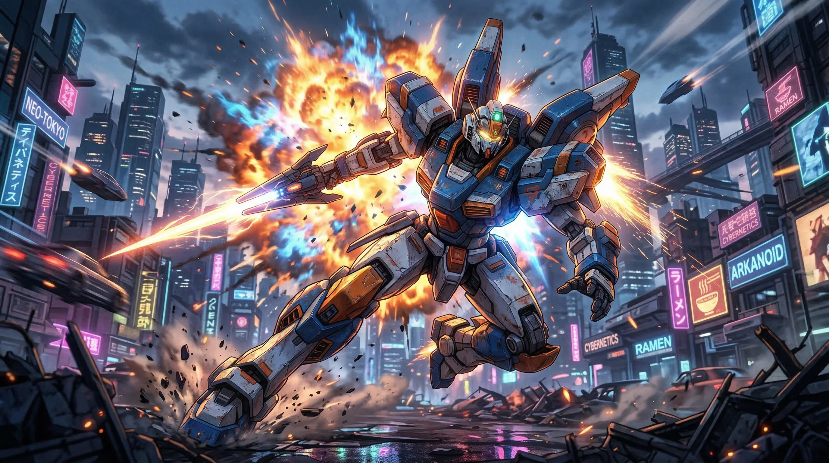 Anime mecha robot in dramatic action pose with speed lines and explosion effects, showcasing dynamic camera control in AI anime video generation