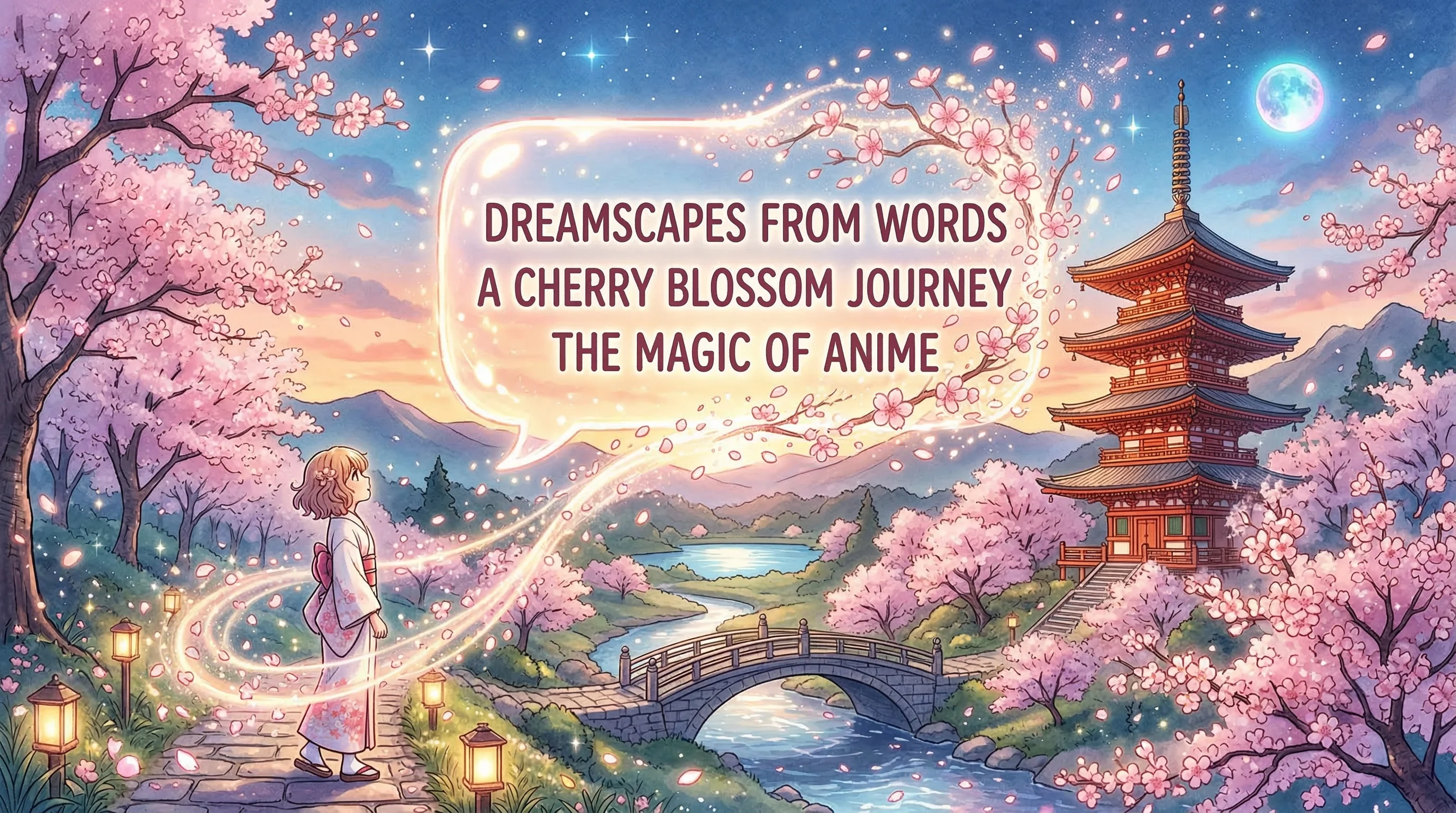 Text prompt transforming into a beautiful anime landscape scene, demonstrating multi-model AI anime video generation by MuseVideo