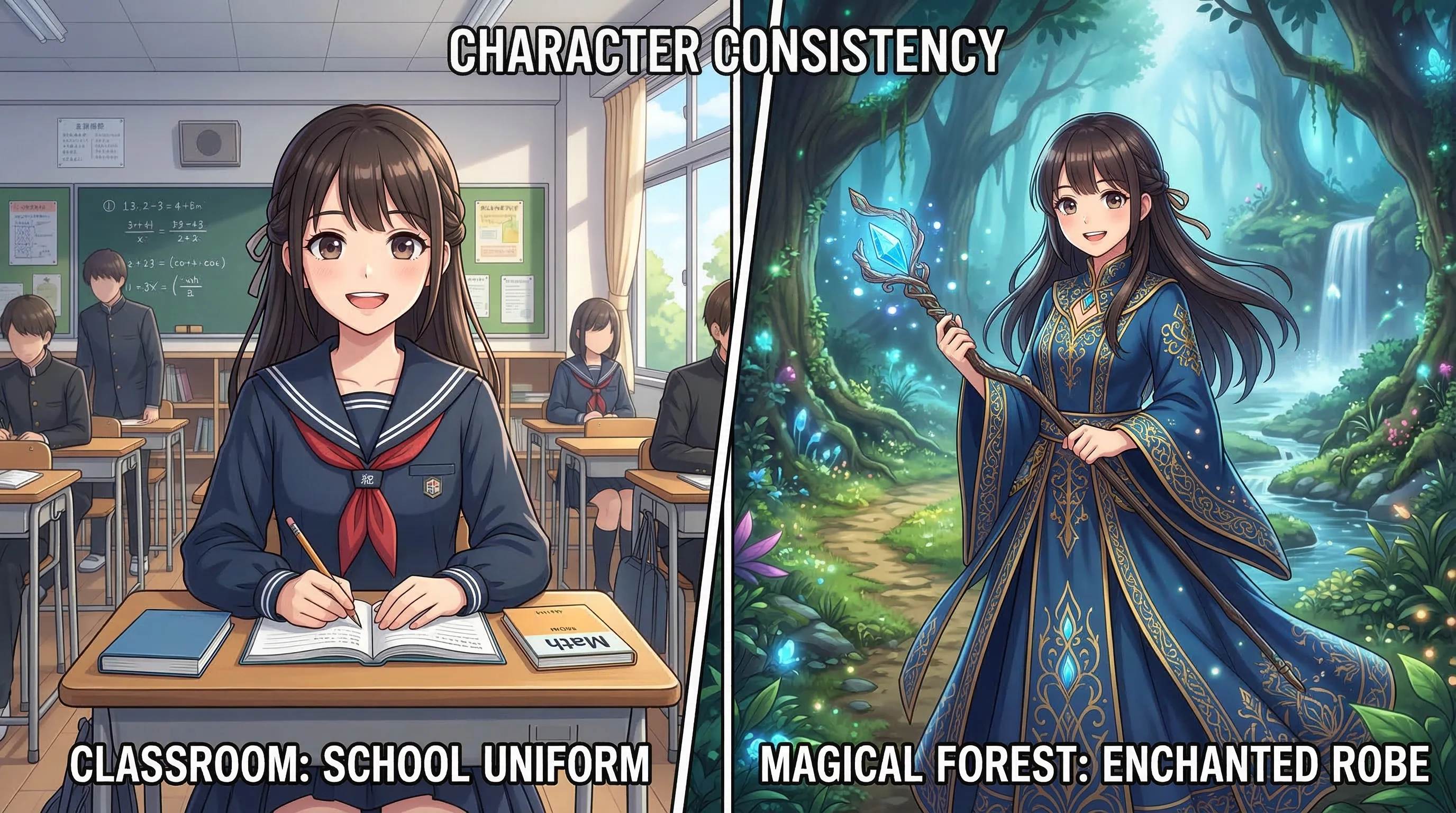 Same anime character in school uniform and magical costume across two scenes, demonstrating AI anime video character consistency in MuseVideo
