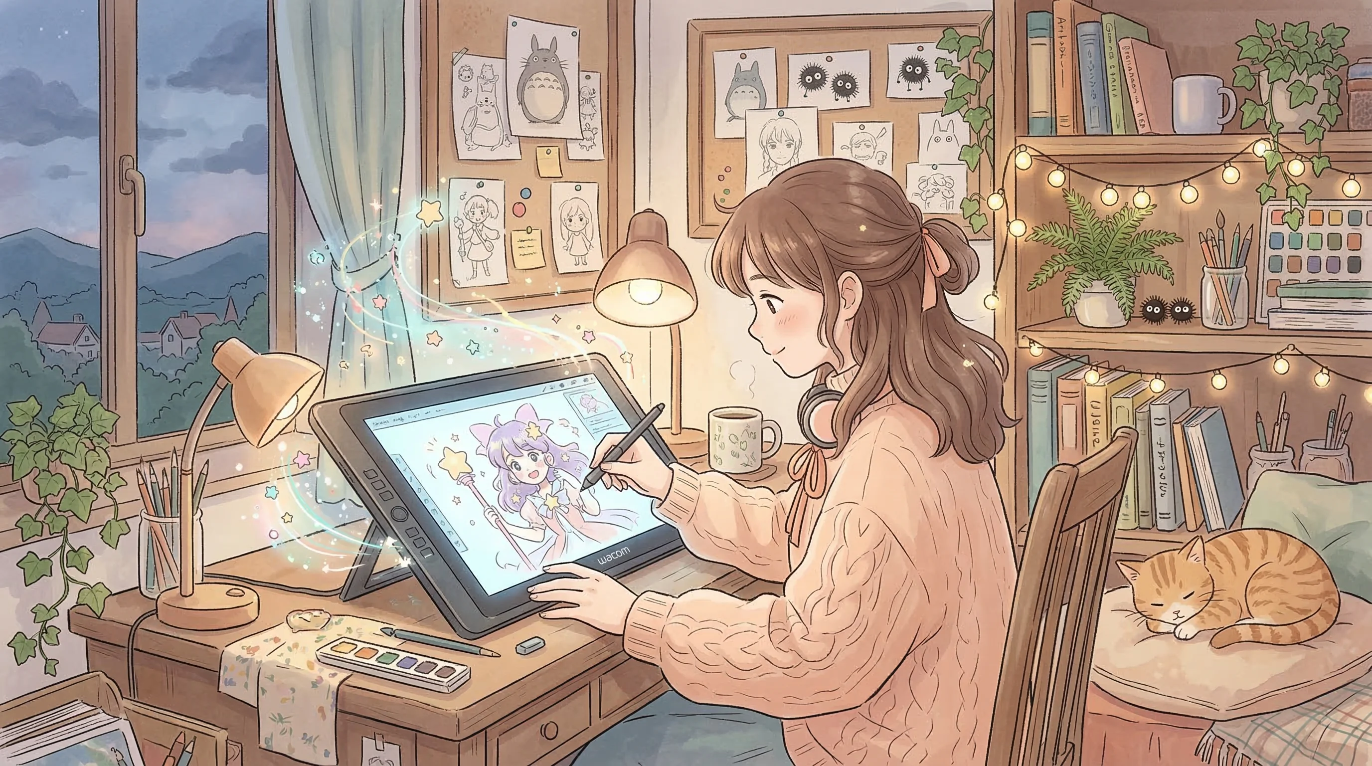 Anime girl creating art on a glowing digital tablet, showcasing the AI anime video generator workflow in MuseVideo