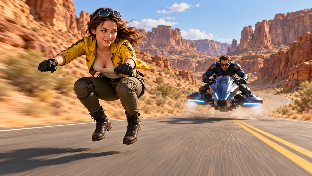 Deux adultes dans une poursuite sur une route de canyon avec moto invisible et moto volante