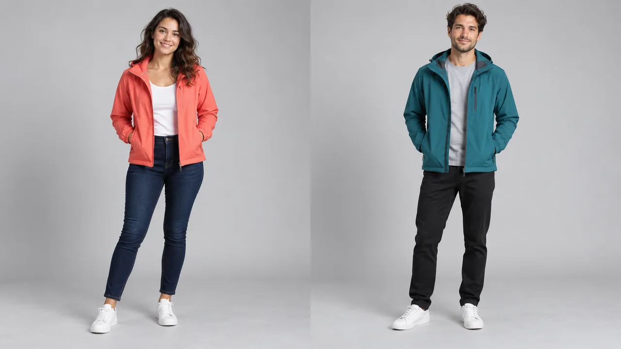 Photos séparées en pied de deux adultes en vestes corail et bleu canard