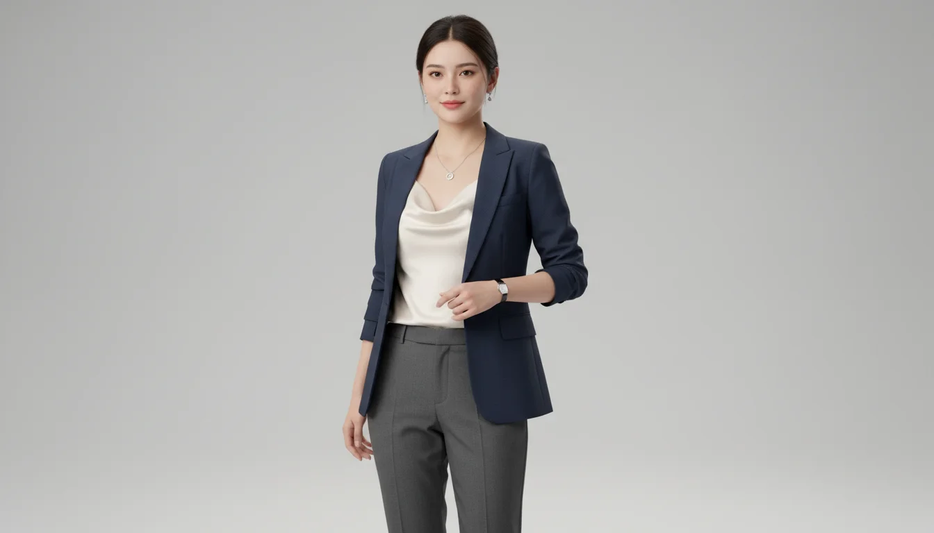 Woman in urban professional suit showing AI clothes changer identity preservation