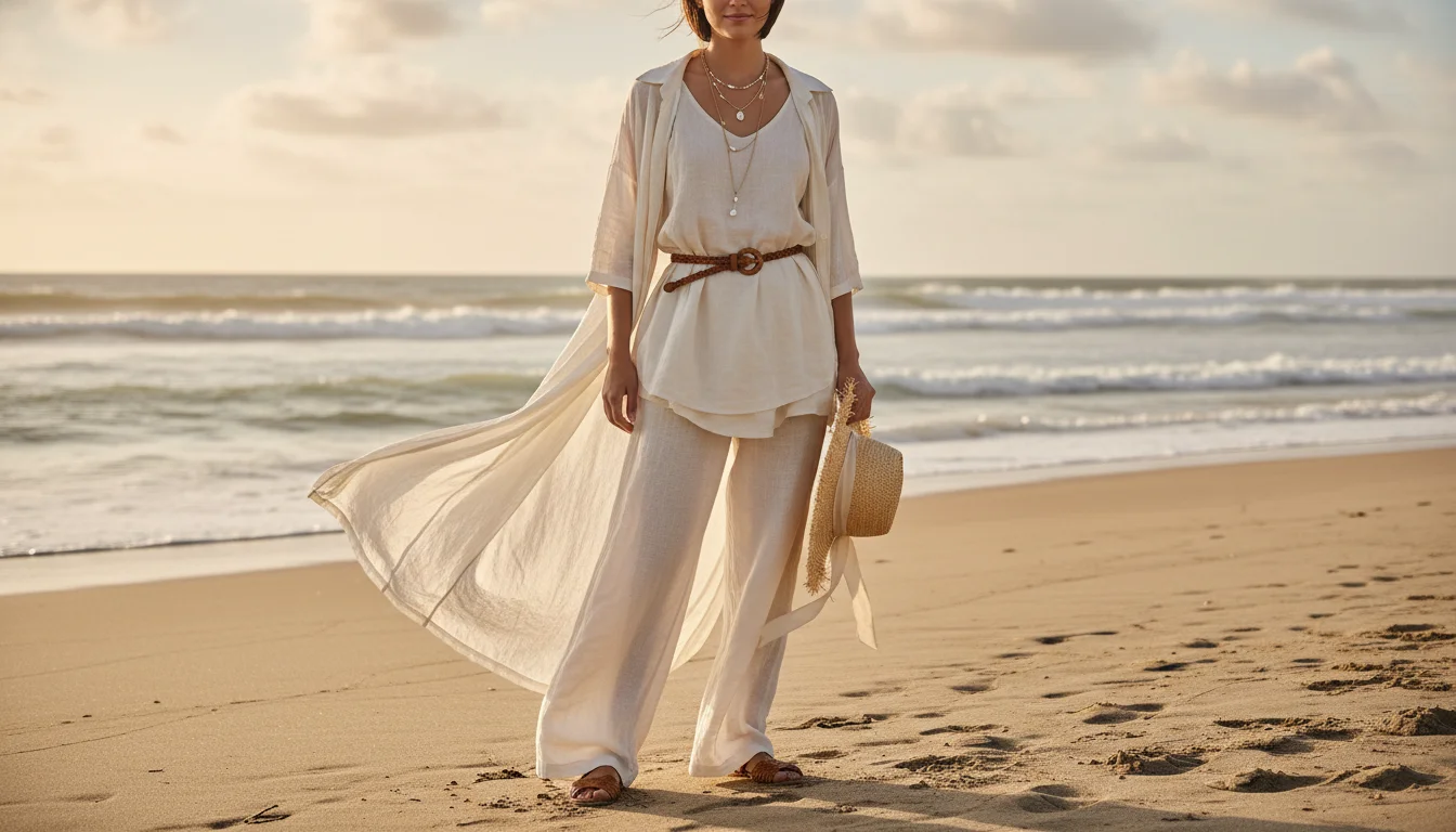 Woman in beach casual summer outfit showing AI clothes changer fast generation