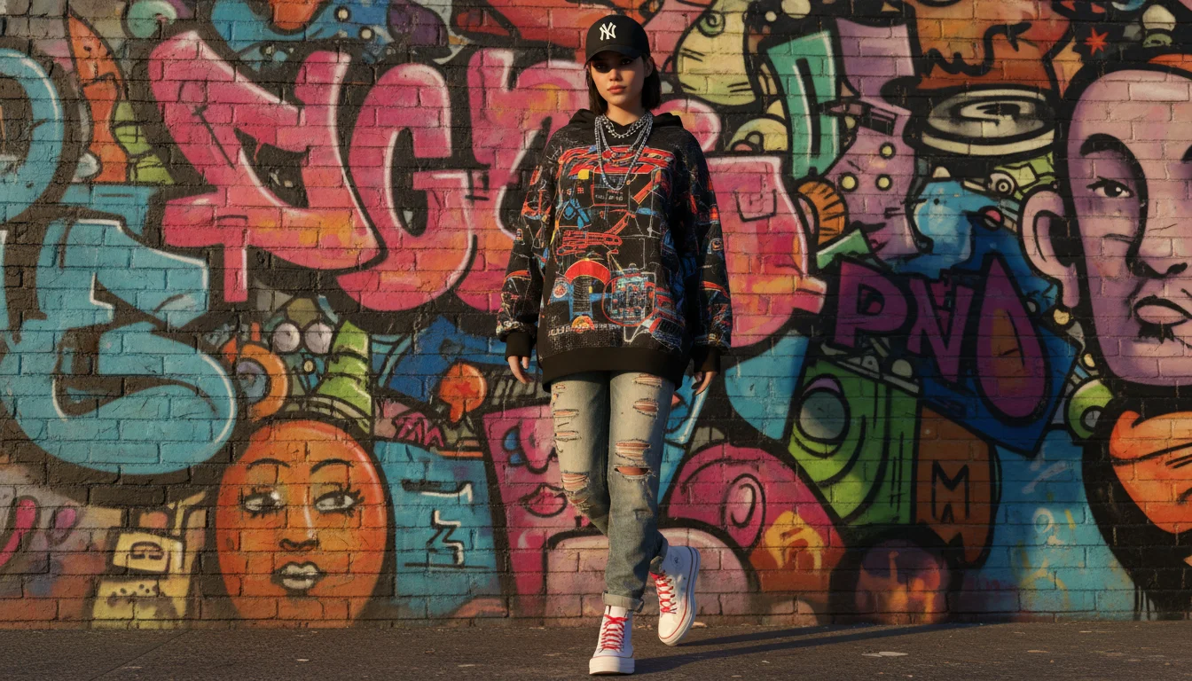 Woman in street style hoodie demonstrating AI clothes changer preset styles
