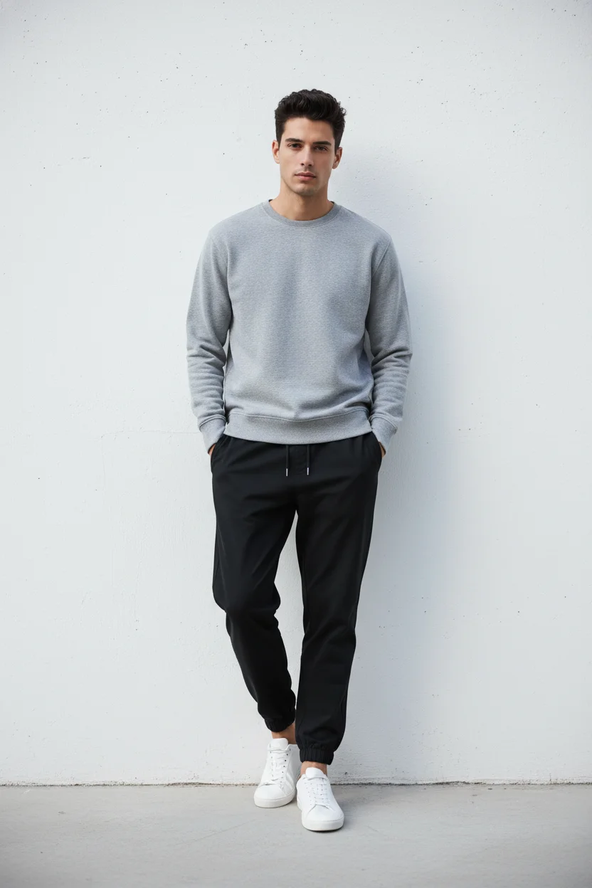 Person in casual everyday clothes before AI clothes changer virtual try-on transformation