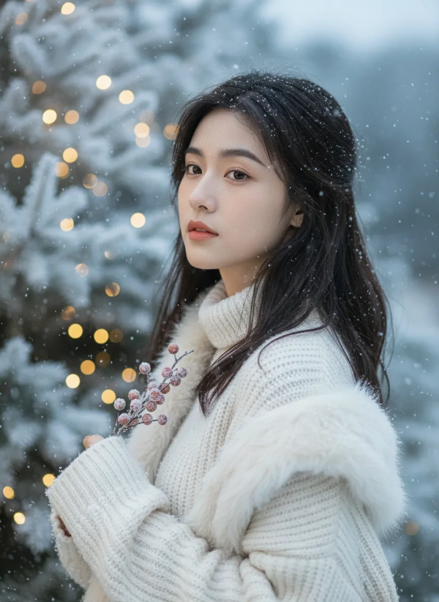 Example 2: portrait photo after AI winter snow effect with realistic snowfall