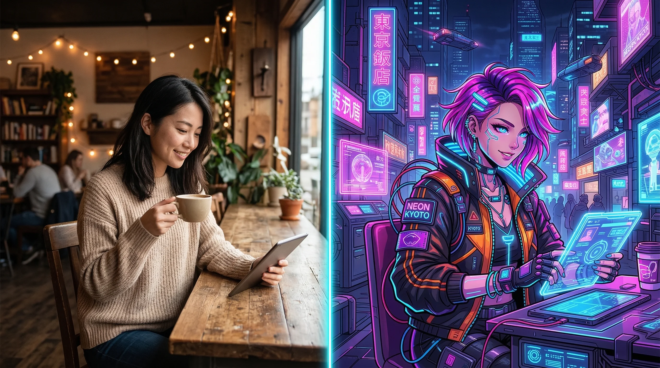 Split comparison of a woman in a cafe transformed into a vibrant Cyberpunk Anime character