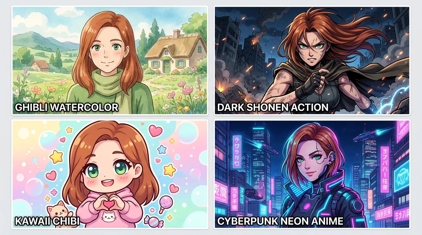 Four-panel anime style grid demonstrating different photo to anime conversion results with varied prompts