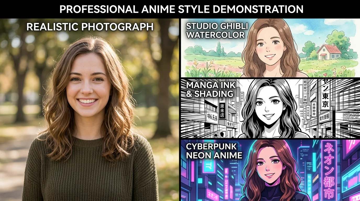 Photo to anime style comparison showing real portrait transformed into Ghibli, Manga, and Cyberpunk anime variants