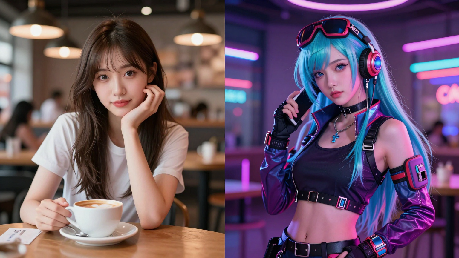 Split comparison of a woman in a cafe transformed into a vibrant Cyberpunk Anime character