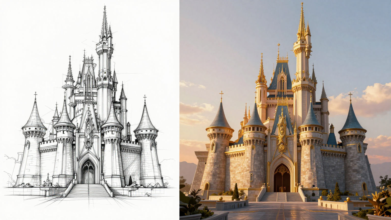 Split comparison showing a rough pencil sketch of a castle transformed into a photorealistic 3D render
