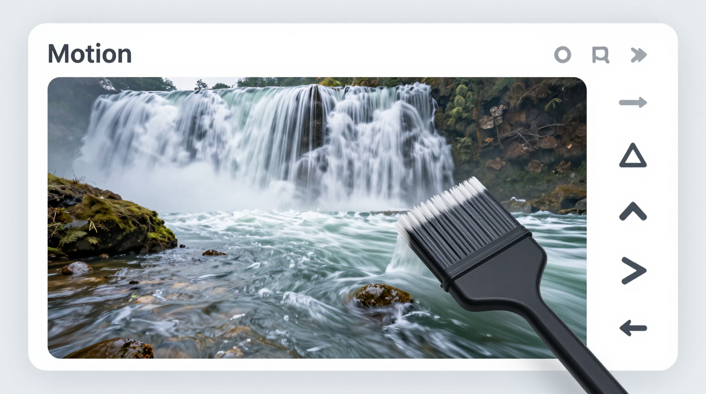 UI mockup showing a magic brush painting motion effects over a waterfall photo