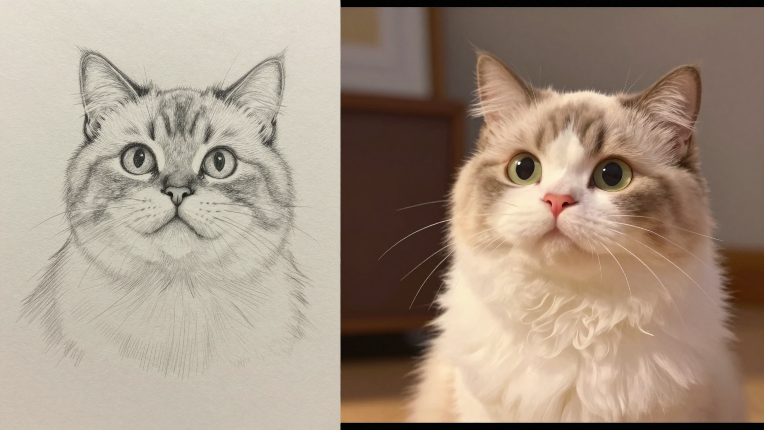 Split comparison showing a pencil sketch of a cat transforming into a fluffy animated video