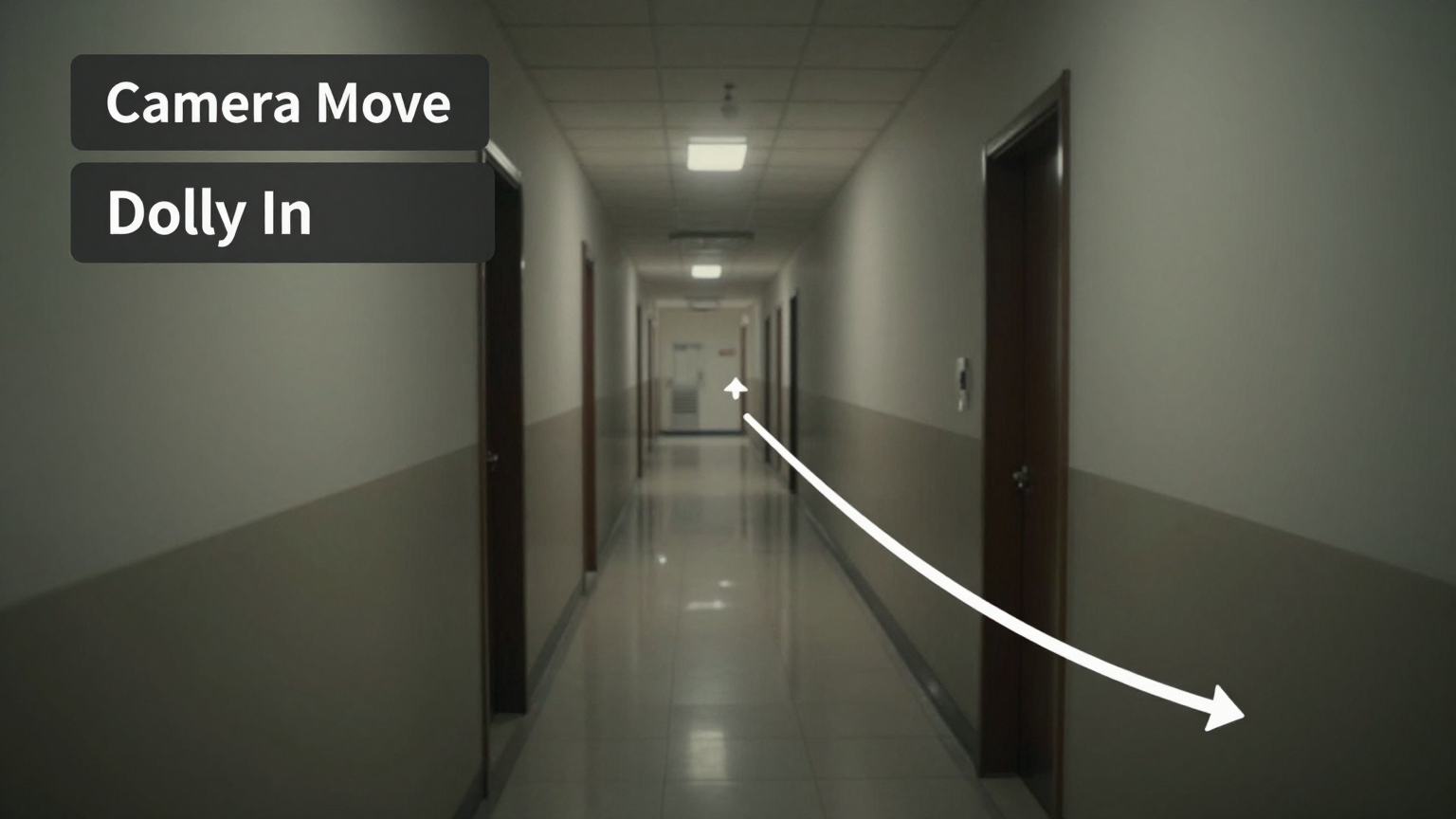 Cinematic hallway shot with 3D camera move overlay showing dolly in motion path for depth effects