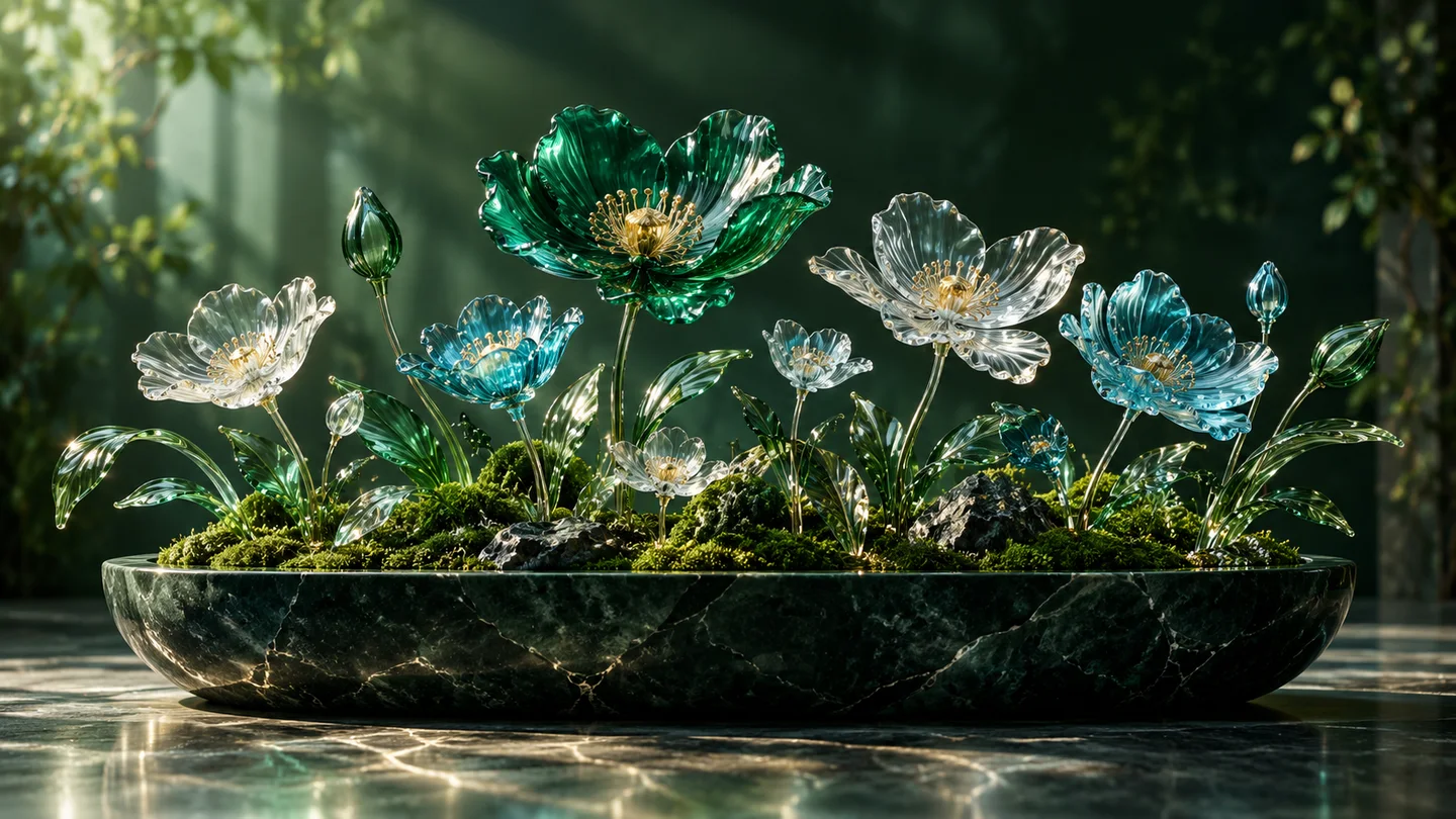 Um jardim de flores de vidro translúcido