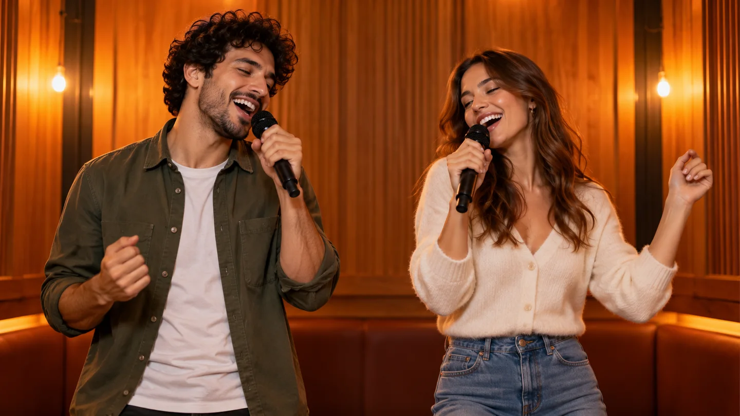 Zwei Freunde singen gemeinsam in einer warm beleuchteten Lounge