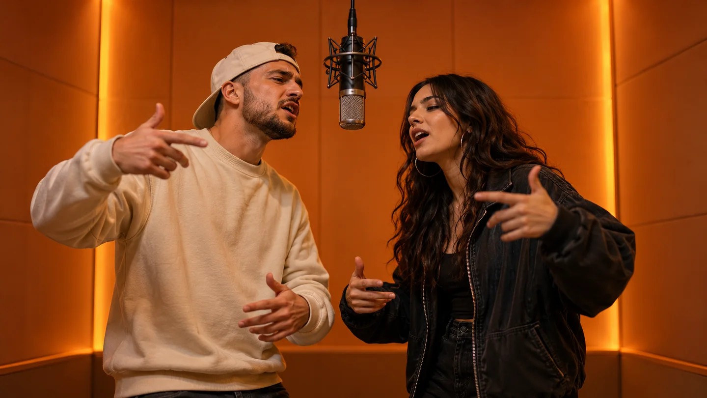 Zwei Freunde bei einem Rap-Duett in einem orangefarbenen Studio