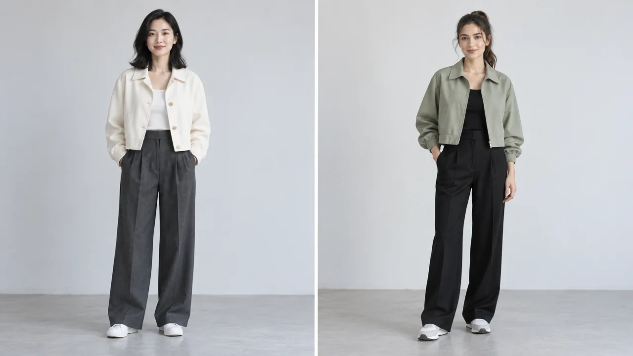 Zwei getrennte Ganzkörperfotos mit klar erkennbaren Gesichtern und vollständigen Outfits