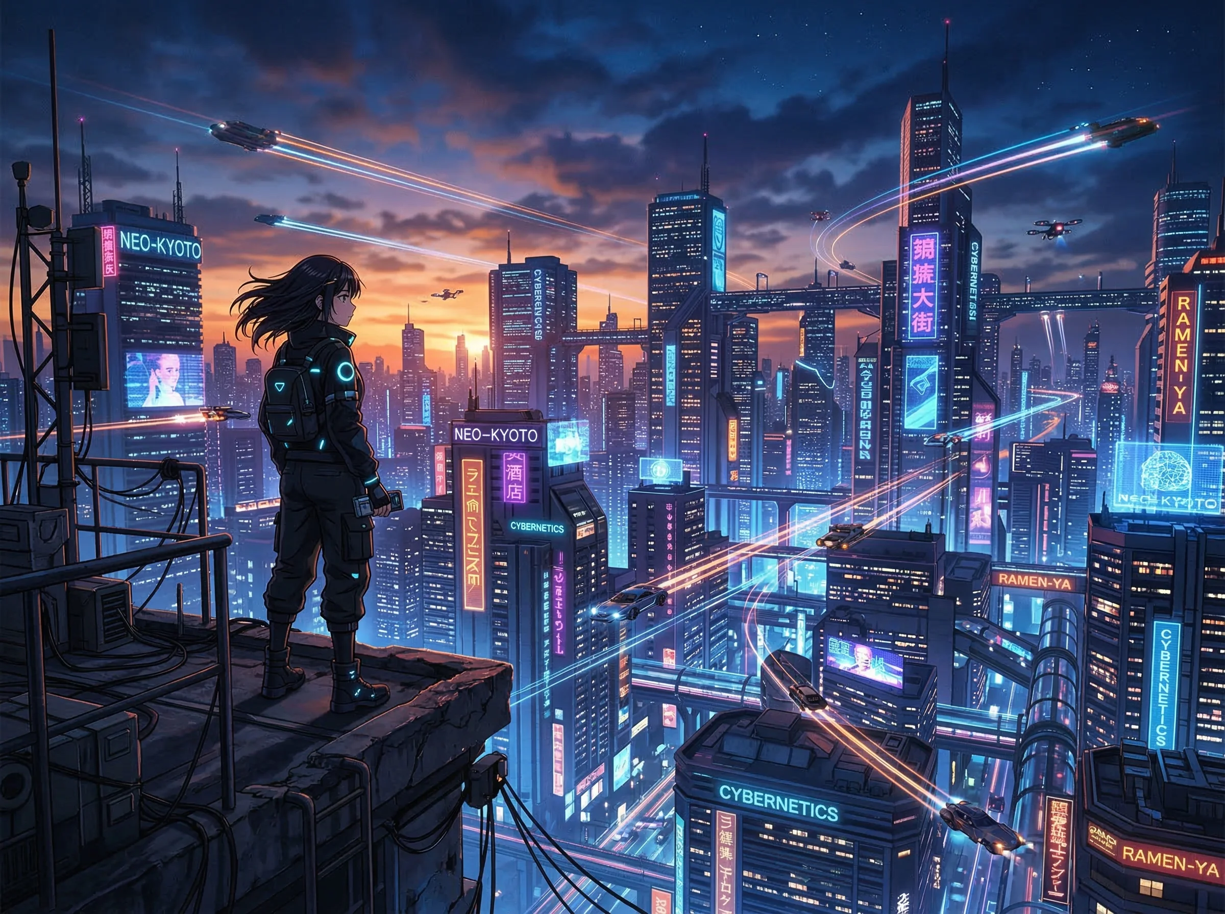 Sora 2 anime video model with cyberpunk cityscape at night