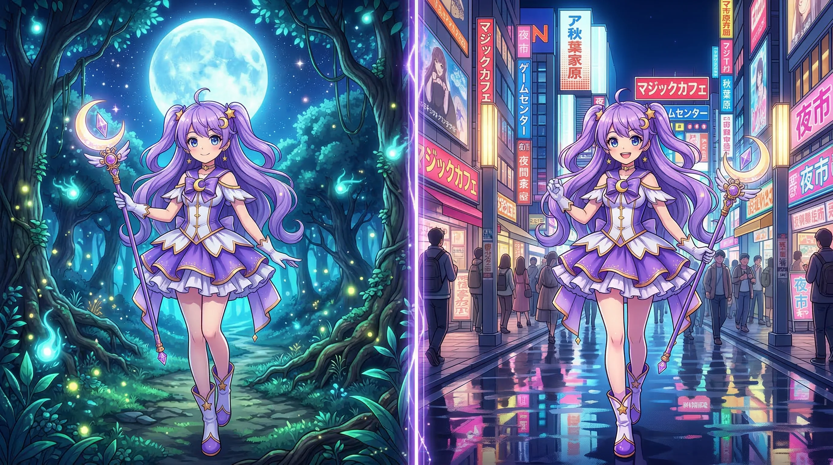 Anime girl in school uniform and magical costume split view demonstrating photo to anime scene consistency