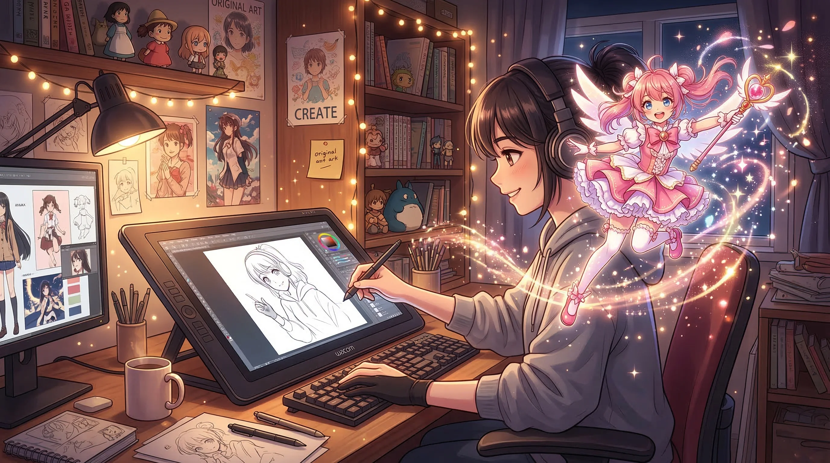 Anime girl creating art on glowing tablet showing photo to anime video workflow