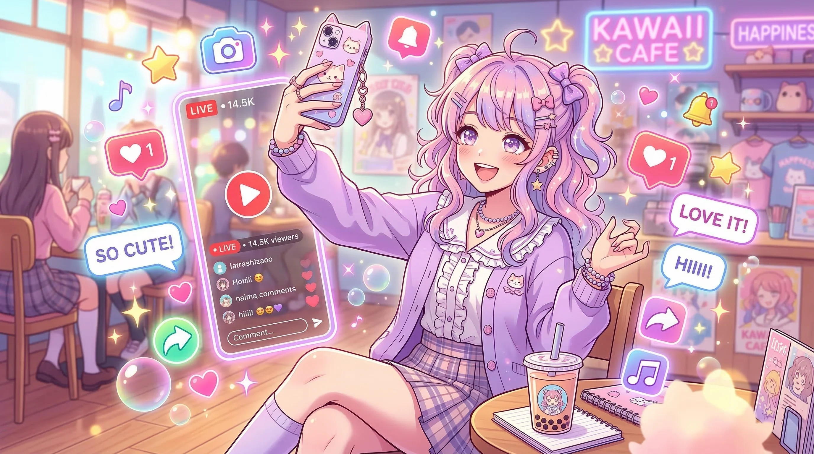 Anime character promoting content on social media for photo to anime video marketing