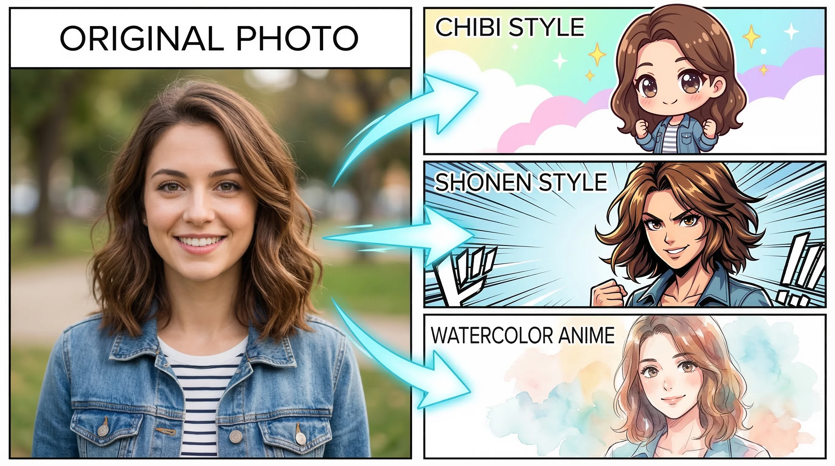 Text prompt transforming into anime landscape showing multi-model AI generation for photo to anime conversion