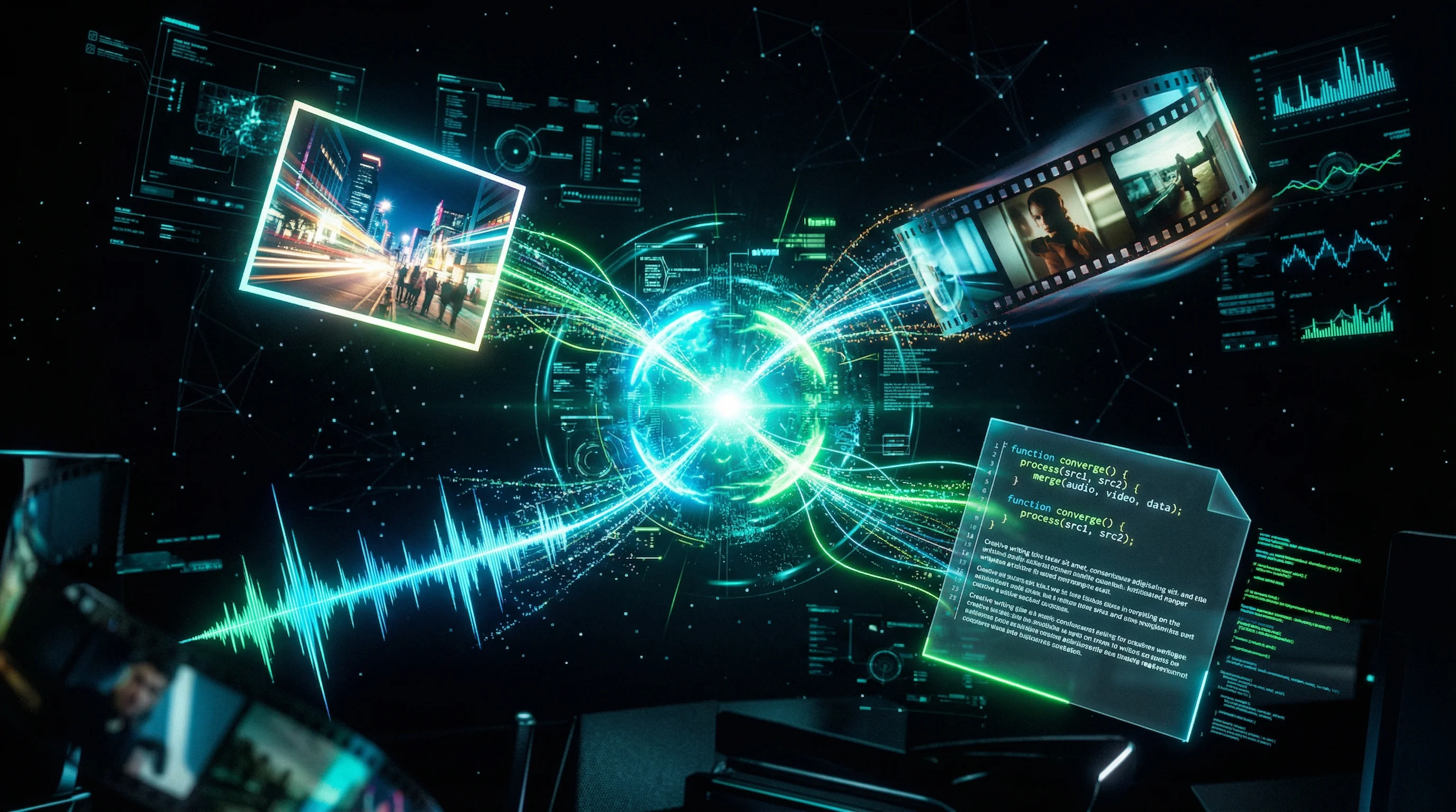 Multiple creative input types converging into a central sphere showing Seedance 2.0 multimodal workflow