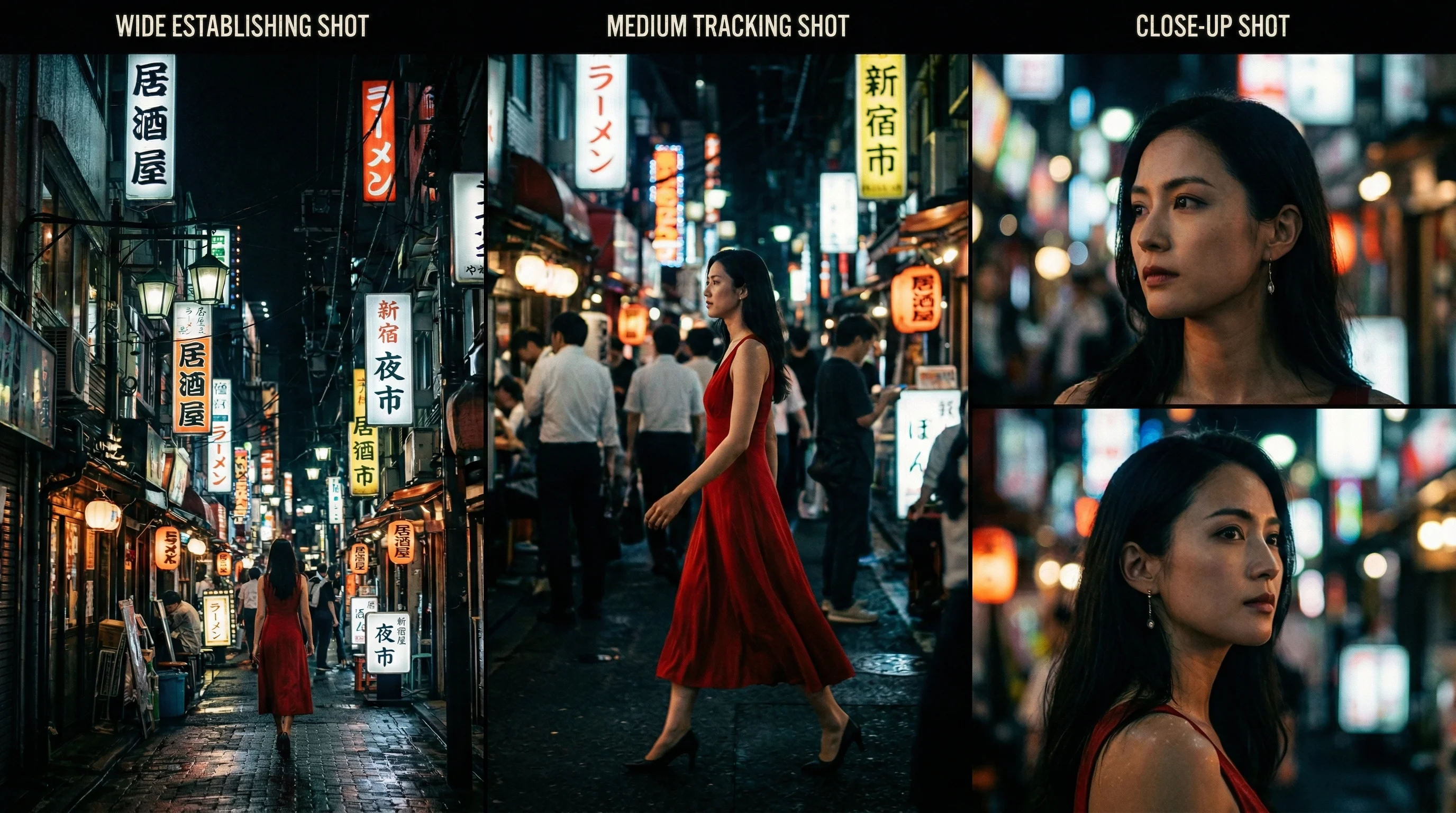 Cinematic multi-shot storyboard with three camera angles showing Seedance 2.0 narrative continuity