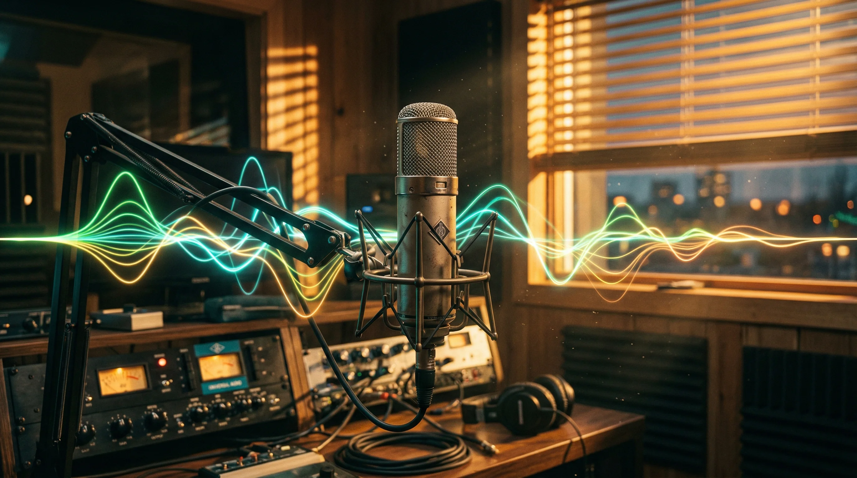 Studio microphone with audio waveform visualizations demonstrating Seedance 2.0 native audio-video sync