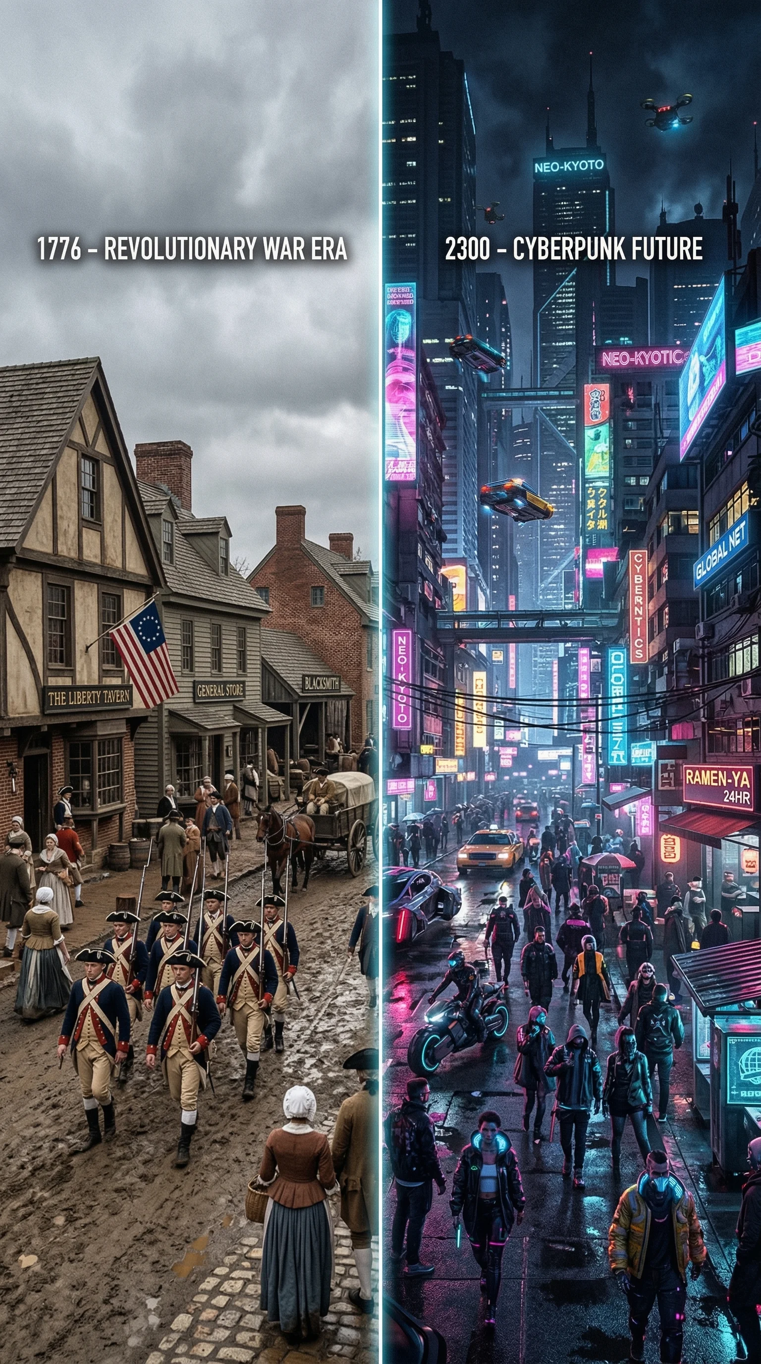 Visualize historical and futuristic scenarios side-by-side. showcasing Nano Banana 2 AI image generator capabilities