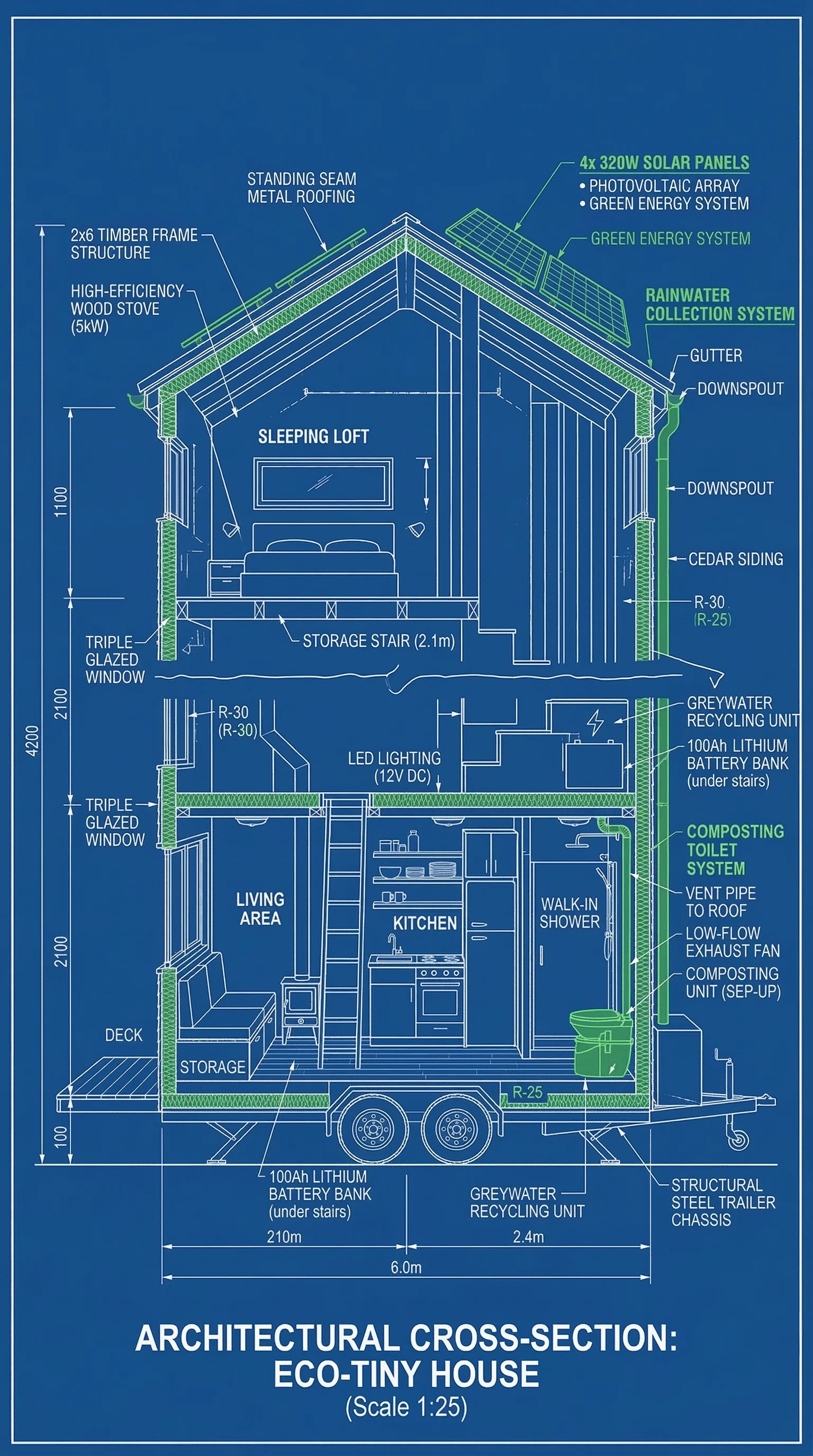 Detailed cross-section blueprint of an eco-friendly tiny house. showcasing Nano Banana 2 AI image generator capabilities