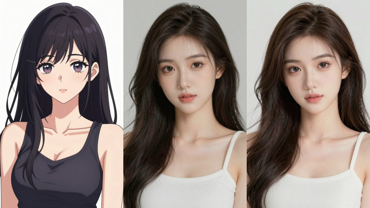 Split view composition showing the same female character in Anime, Photorealistic, and 3D Render styles